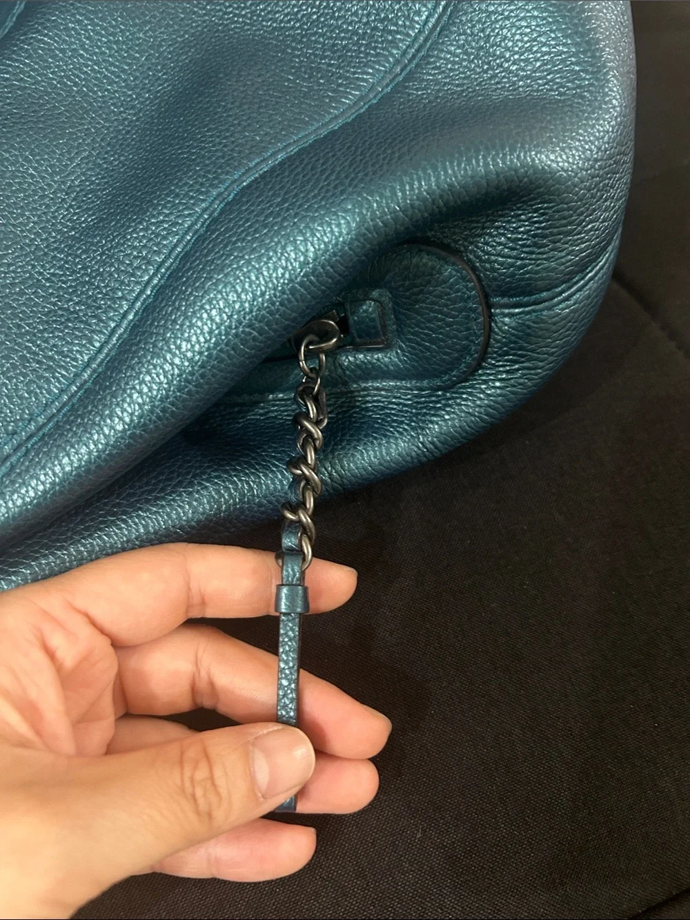 Coach Lexy Metallic Peacock Blue Teal Pebbled Leather Chain Shoulder Bag Purse